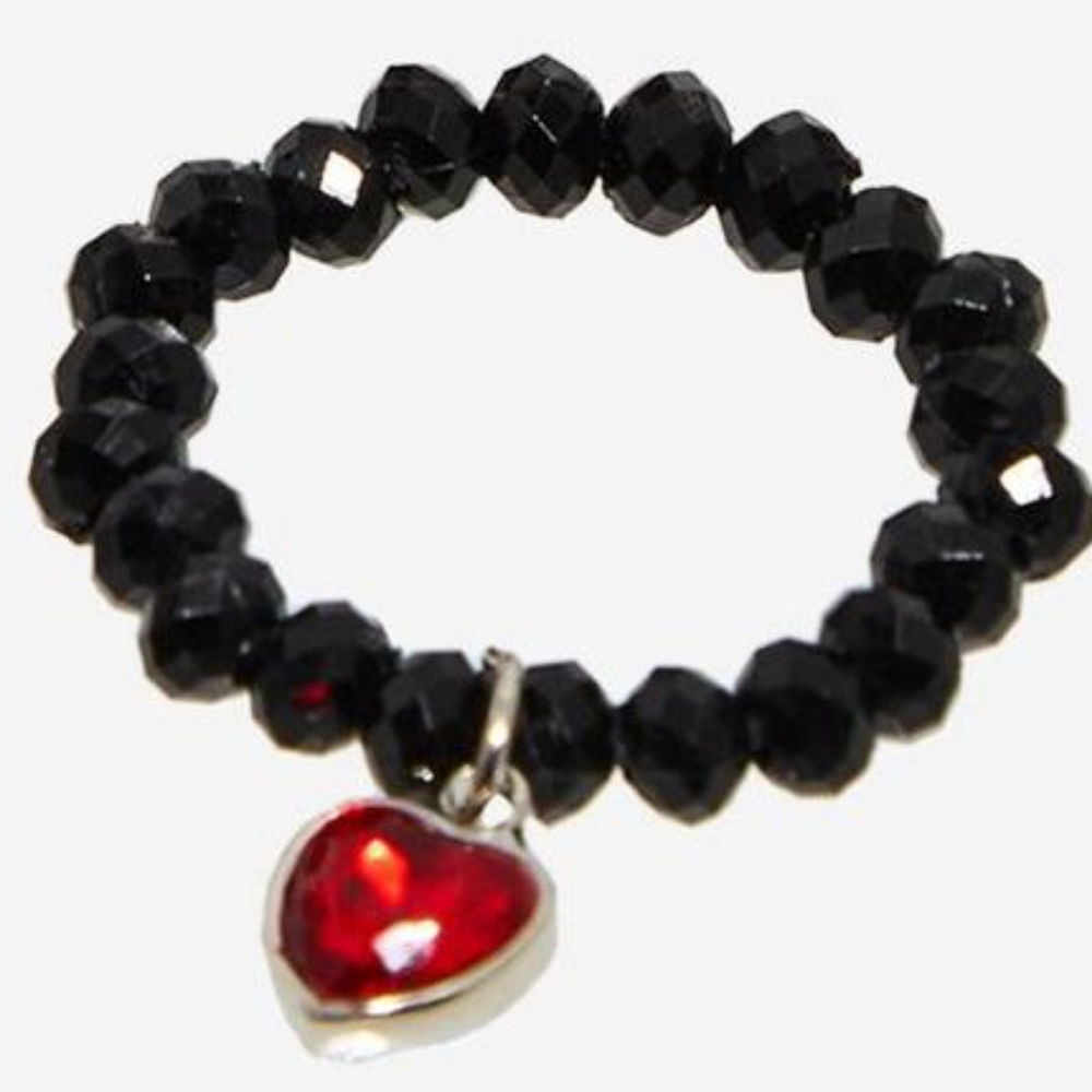 Elastic Black Beaded Heart Charm Ring